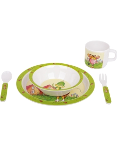 otroški pribor in krožnik (žirafa in dinozaver) v prozorni torbici,