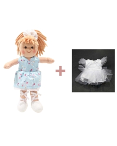 Komplet punčka iz blaga 25cm + bela oblekica za balerino