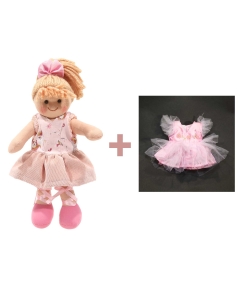 Komplet punčka iz blaga 25cm + roza oblekica za balerino