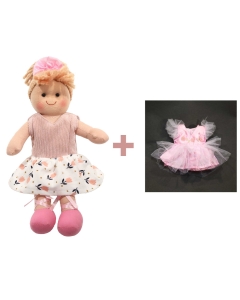 Komplet punčka iz blaga 25cm + roza oblekica za balerino