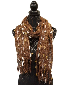 Pleten šal 180x30cm v rjavi barvi z večbarvnimi vozli