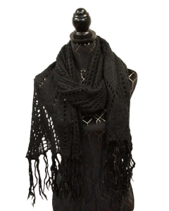 Pleten šal 170cm v tmni barvi z resicami-črn