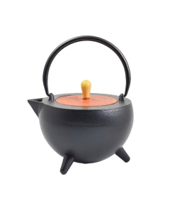 Emajlirani čajnik iz litega železa; črn z opečnato rdečim pokrovom in cedilom 1L