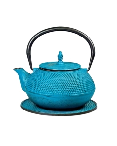 Emajlirani čajnik iz litega železa; moder s pokrovom, cedilom in podstavkom 1,2L