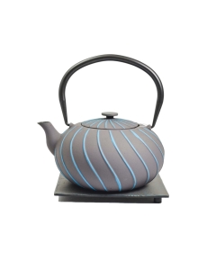 Emajlirani čajnik iz litega železa; siv z modrimi črtami s pokrovom, cedilom in podstavkom 1L