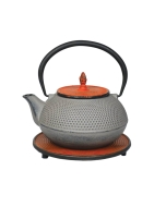 Emajlirani čajnik iz litega železa; oranžno siv s pokrovom, cedilom in podstavkom 1,2L