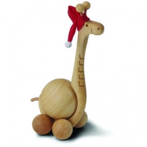 Lesena žirafa z vrtljivim trebuhom in božično kapo